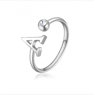 anello acciaio cristallo bianco e lettera A