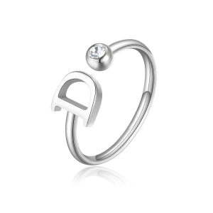 Anello acciaio cristallo bianco e lettera D