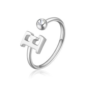 Anello acciaio cristallo bianco e lettera E