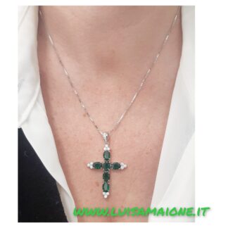 Croce in Argento con Pietre Verdi e Zirconi